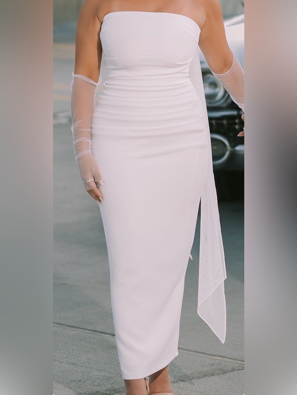 White Strapless Ruched Maxi Dress